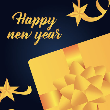 2021 happy new year golden gift box with bow and stars vector illustrationのイラスト素材