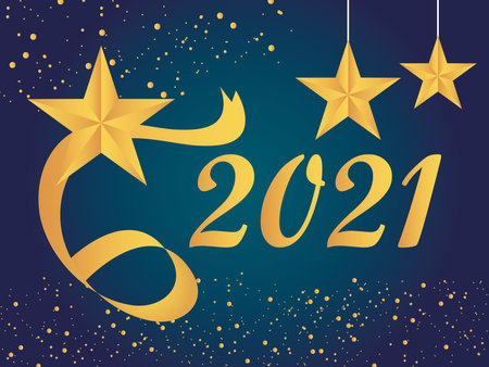 2021 happy new year golden hanging stars ribbon glitter card vector illustrationのイラスト素材