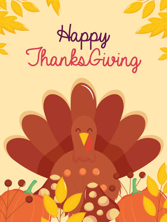 happy thanksgiving design with cartoon turkey and pumpkins and dry leaves over orange background, colorful design, vector illustrationのイラスト素材