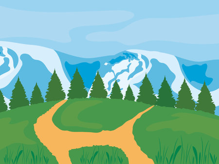 winter forest landscape with pine trees, colorful design, vector illustrationのイラスト素材