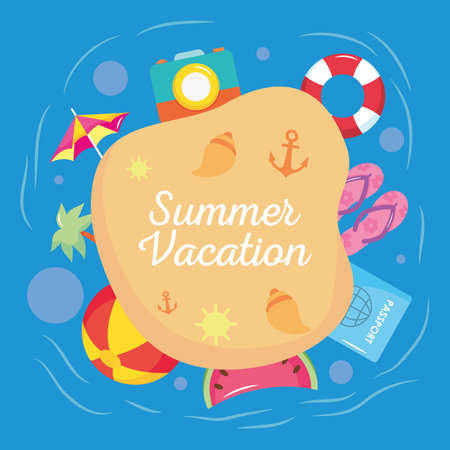 summer vacation travel, beach sand camera umbrella fruit ball passport label design vector illustrationのイラスト素材