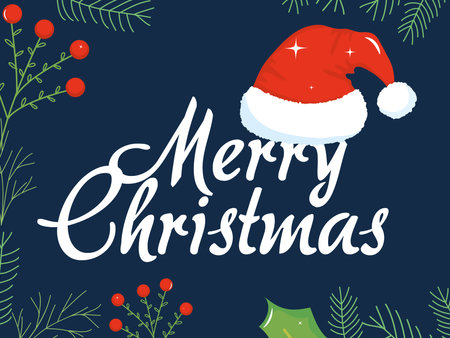 Merry christmas lettering design with christmas hat and decorative branches around over blue background, colorful design, vector illustrationのイラスト素材