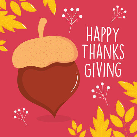 happy thanksgiving design with acorn and yellow leaves around over pink background, colorful design, vector illustrationのイラスト素材