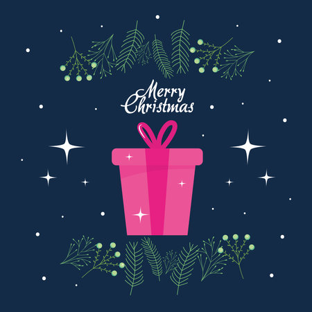 Merry christmas design with pink gift box and decorative branches around over blue background, vector illustrationのイラスト素材