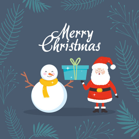 Merry christmas design with cartoon snowman and santa claus holding a gift box over gray background, colorful design, vector illustrationのイラスト素材
