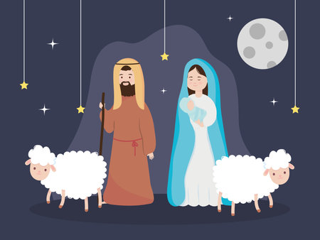 nativity, manger joseph mary baby jesus sheeps and hanging stars vector illustrationのイラスト素材
