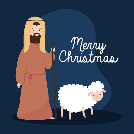 nativity, manger joseph with sheep night cartoon vector illustrationのイラスト素材