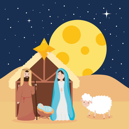 nativity, manger mary jospeh baby jesus sheep and night moon vector illustrationのイラスト素材
