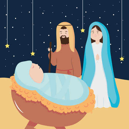 nativity, manger joseph mary baby jesus and hanging stars vector illustrationのイラスト素材