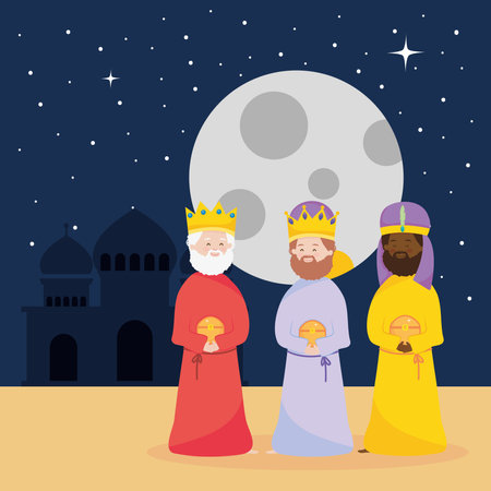nativity, manger three wise kings with gifts in the night vector illustrationのイラスト素材