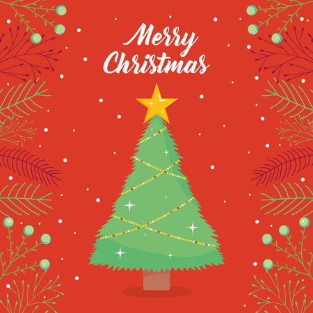 Merry christmas design with christmas tree and decorative branches around over red background, colorful design, vector illustrationのイラスト素材