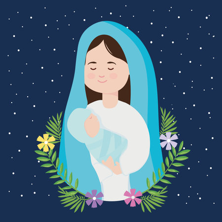 nativity, manger holy mary carrying baby jesus, flowers decoration vector illustrationのイラスト素材