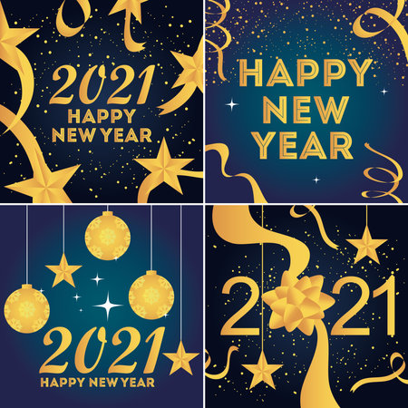 2021 happy new year golden text numbers balls star and confetti celebrate party vector illustrationのイラスト素材