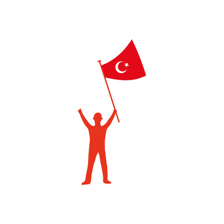 silhouette of soldier holding a turkey flag over white background, flat style, vector illustrationのイラスト素材