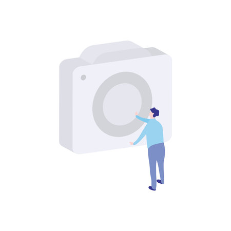 cartoon woman standing and big white camera over white background, flat style, vector illustrationのイラスト素材