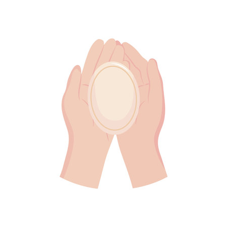 Hands cupped together with soap bar over white background, flat style, vector illustrationのイラスト素材