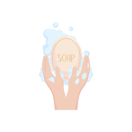 hand washing concept, hands holding a foamy soap bar over white background, flat style, vector illustrationのイラスト素材