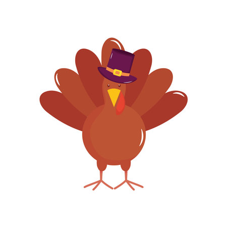 cartoon turkey with pilgrim hat over white background, flat style, vector illustrationのイラスト素材
