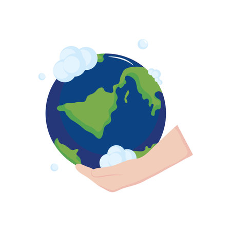 hand holding a earth planet with soapy foam over white background, flat style, vector illustrationのイラスト素材