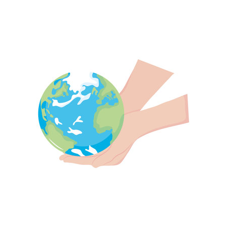hands holding a earth planet over white background, flat style, vector illustrationのイラスト素材