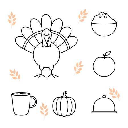 turkey and thanksgiving icon set over white background, line style, vector illustrationのイラスト素材