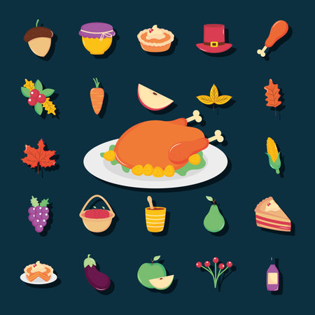 icon set of thanksgiving over blue background, flat style, vector illustrationのイラスト素材