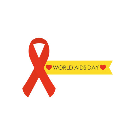 world aids day design with red awareness ribbon and yellow ribbon over white background, flat style, vector illustrationのイラスト素材