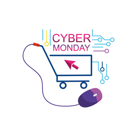 cyber monday design with shopping cart and mouse icon over white background, flat style, vector illustrationのイラスト素材