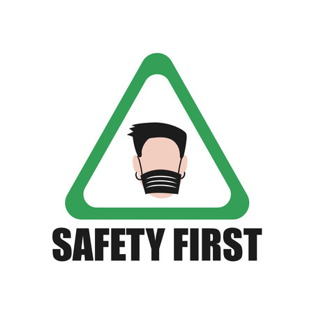 Safety first and man using facemask in triangle road sign design of virus theme Vector illustrationのイラスト素材