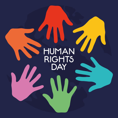 human rights day design with colorful hands around over blue background, vector illustrationのイラスト素材