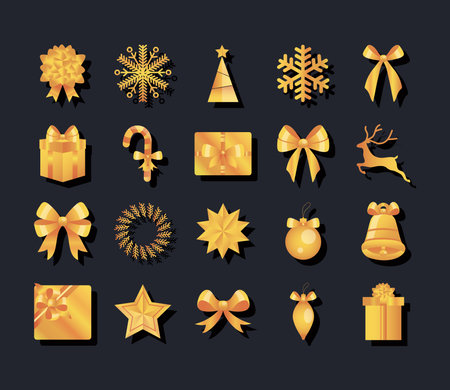 design of golden christmas icons set over black background, vector illustrationのイラスト素材