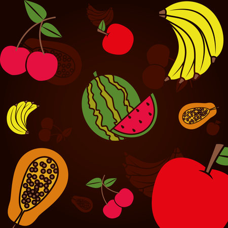 brown pattern with colorful fruits and vegetables, vector illustrationのイラスト素材