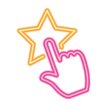hand cursor with star icon over white background, neon style, vector illustrationのイラスト素材