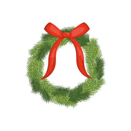 christmas wreath with decorative red bow icon over white background, colorful design, vector illustrationのイラスト素材
