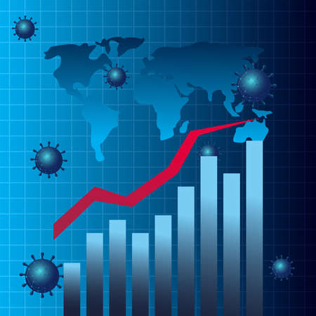 virus stats bars chart with increase line and map gradient style icon design, Data analysis and information theme Vector illustrationのイラスト素材