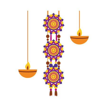 bhai dooj concept, rangolis and diyas hanging over white background, colorful design, vector illustrationのイラスト素材