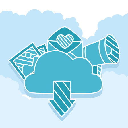 cloud storage with social media over blue background, half line half color style, vector illustrationのイラスト素材