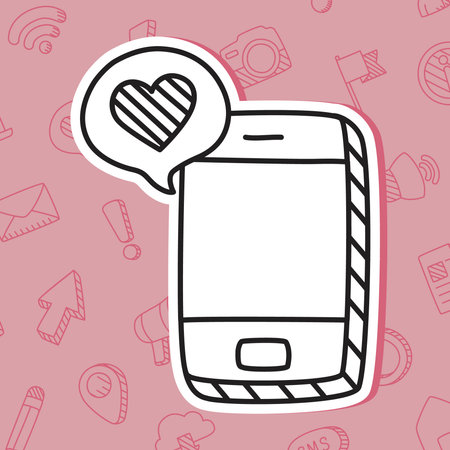 smartphone and speech bubble with heart icon over pink social media icons background, line style, vector illustrationのイラスト素材