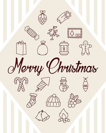 merry christmas rhombus design with related icons over striped lines background, half line half color style, vector illustrationのイラスト素材