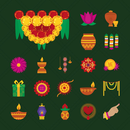 diya and bhai dooj icon set over green background, colorful design, vector illustrationのイラスト素材