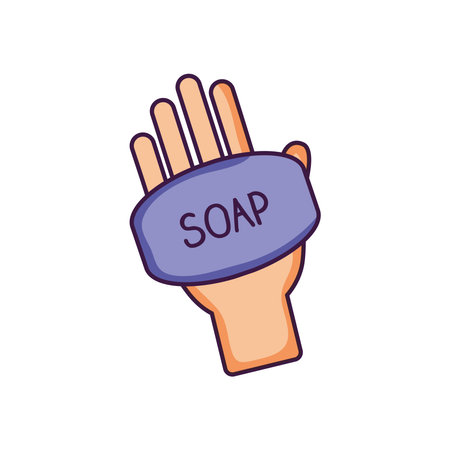 hand with soap bar icon over white background, flat style, vector illustrationのイラスト素材
