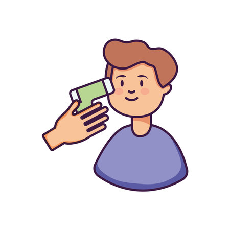 cartoon man and hand with infrared thermometer over white background, flat style, vector illustrationのイラスト素材