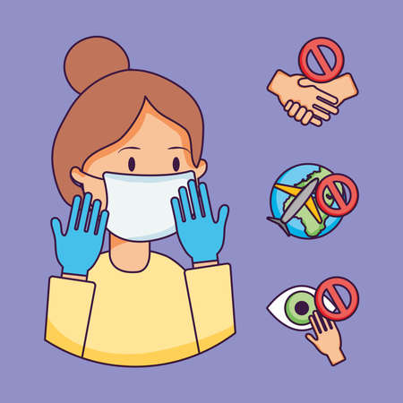 cartoon woman with mouth mask and coronavirus prevention icon set over purple background, flat style, vector illustrationのイラスト素材