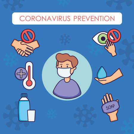 cartoon man with mouth mask and coronavirus prevention icon set over blue background, flat style, vector illustrationのイラスト素材