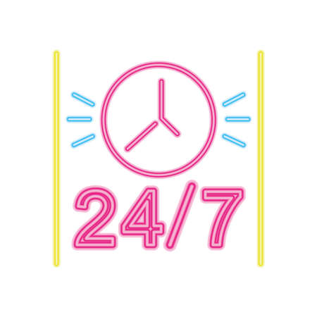 24 hours neon sign and clock icon over white background, vector illustrationのイラスト素材