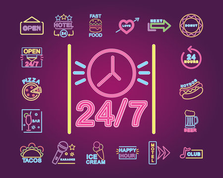 neon signs icons set over purple background, vector illustration