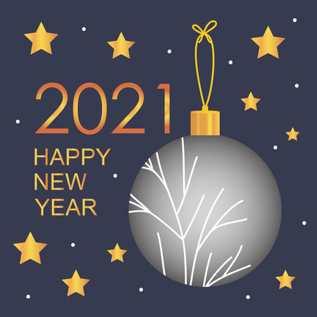 happy new year design with gray christmas ball and golden stars over blue background, vector illustrationのイラスト素材