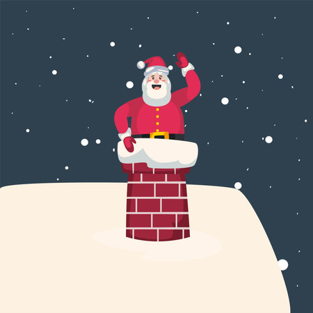 christmas, santa claus in chimney on roof with snow vector illustration designのイラスト素材
