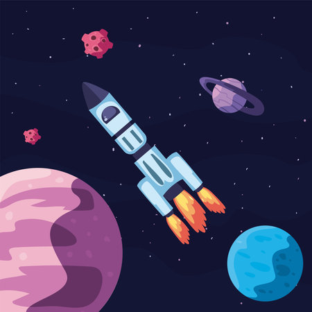space rocket with planets in universe scene vector illustration designのイラスト素材
