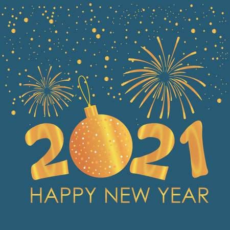 happy new year golden design with golden christmas ball and fireworks over blue background, vector...